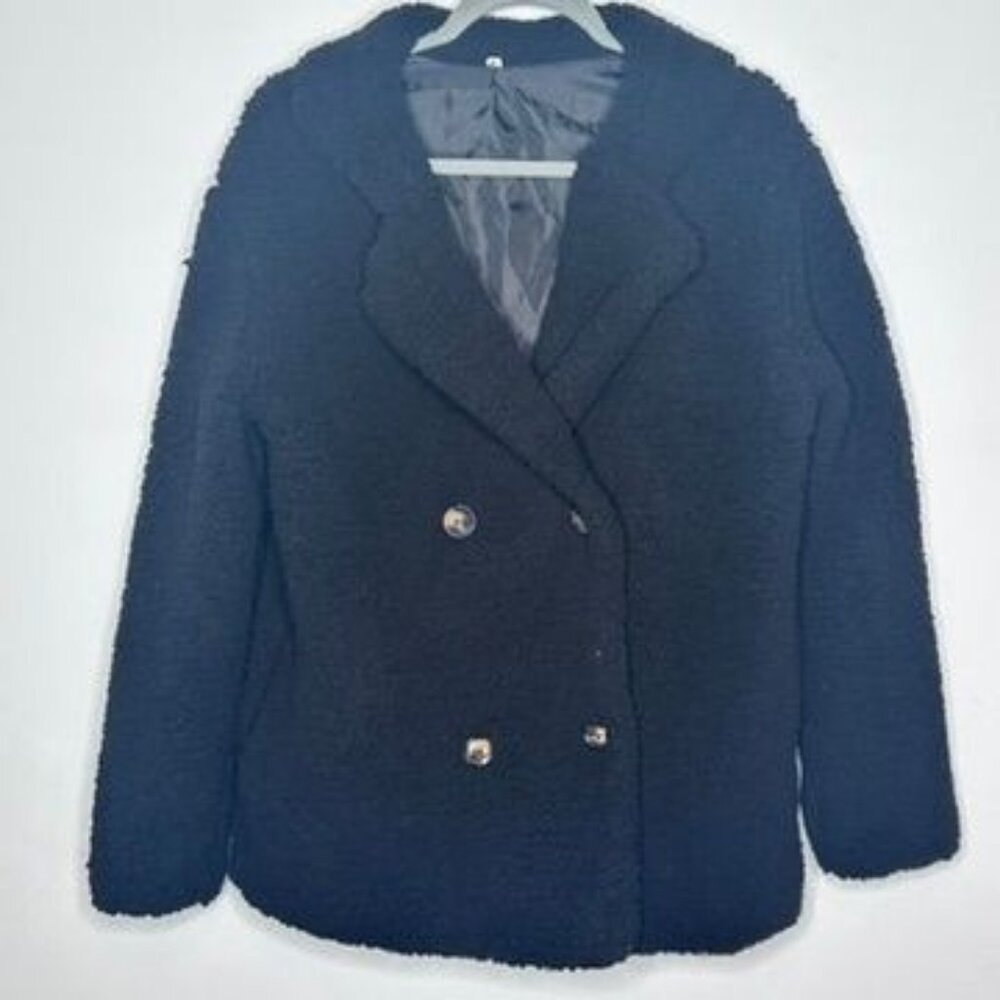 Super Soft Black Double-Breasted Fuzzy Teddy Jacket Womens L (See Measurements)
